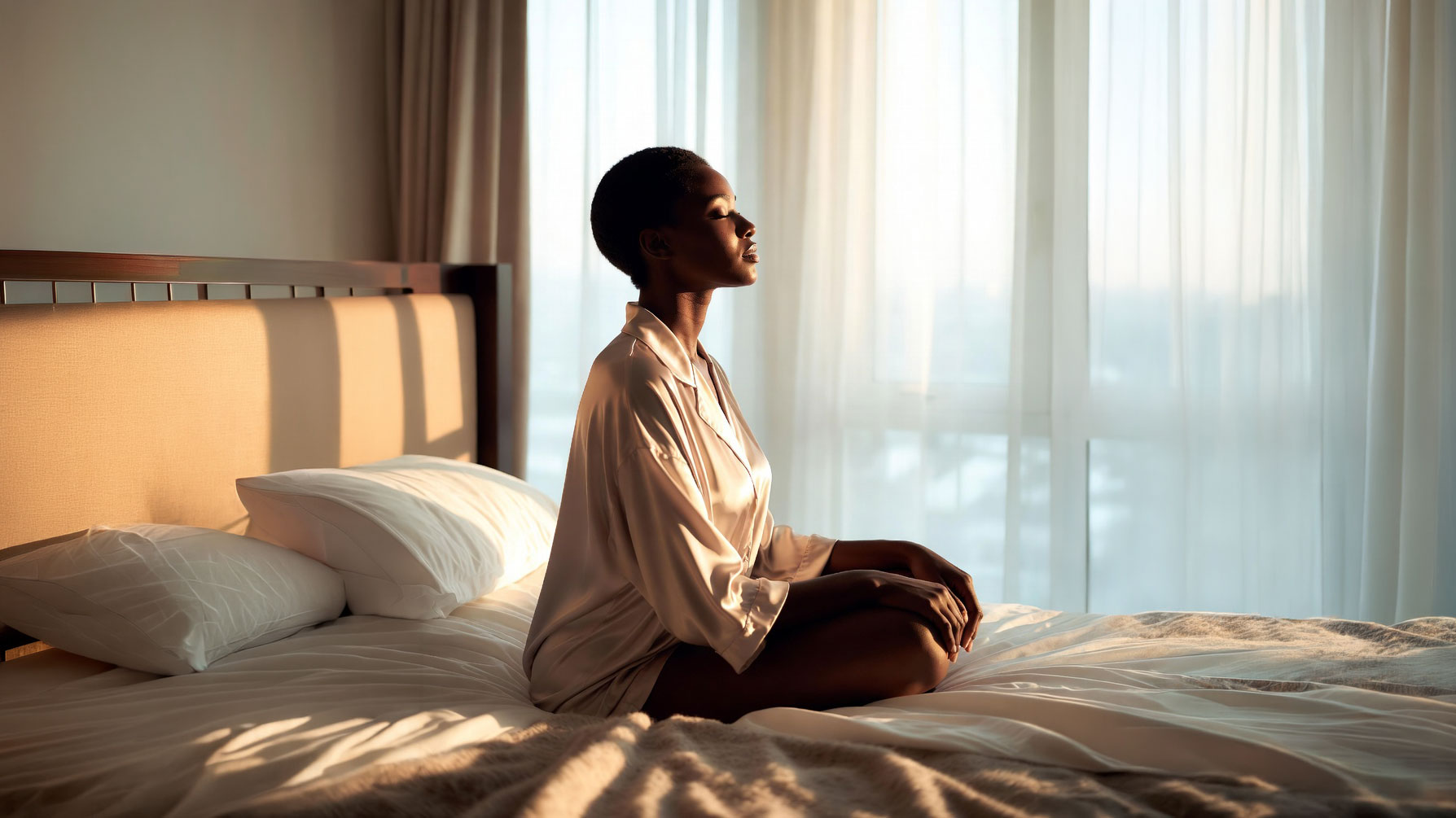 Yomisma perimenopause sleepwear sleep study — woman resting in bed representing wearable research into menopause night sweats and disrupted sleep