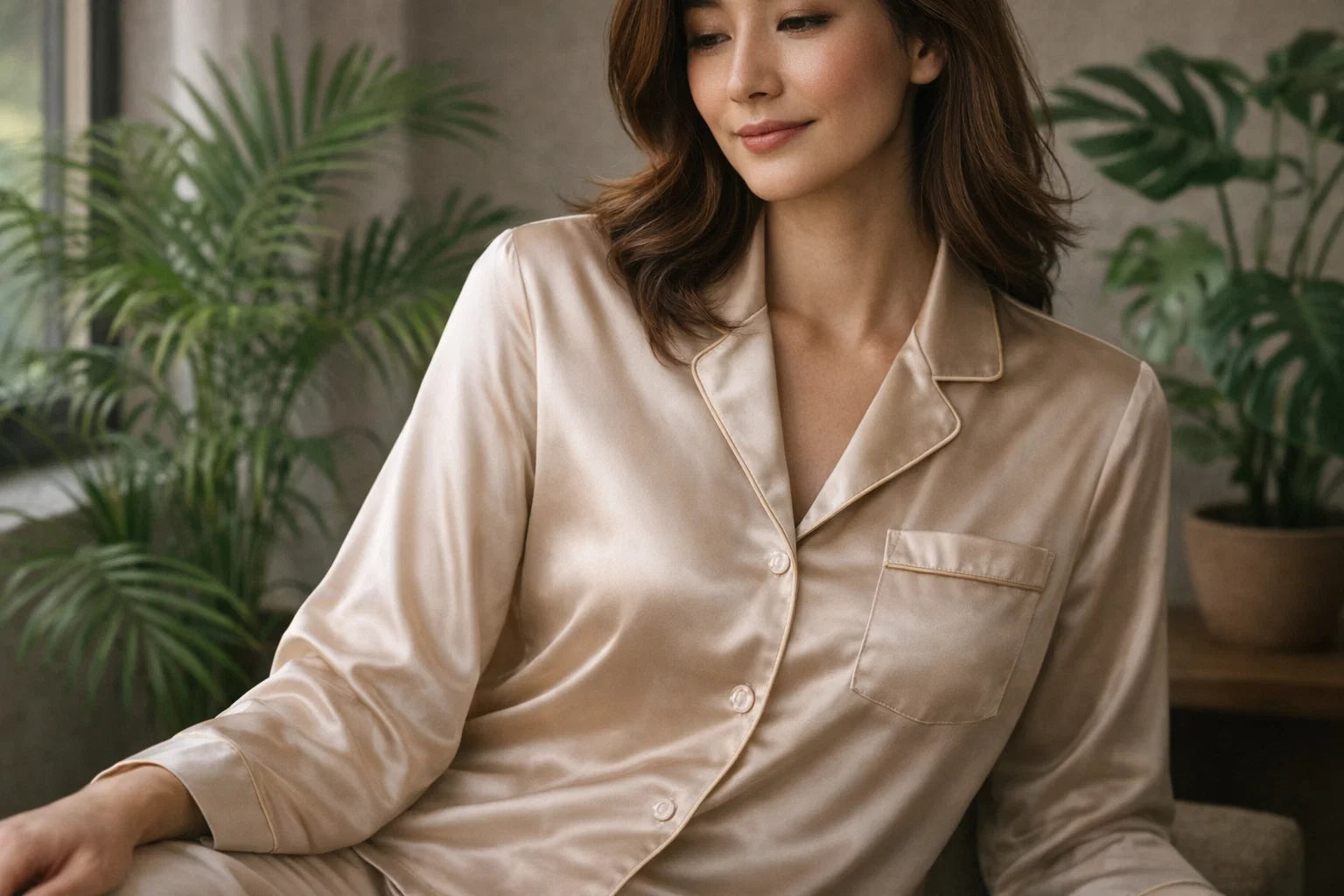 Woman wearing soft sleepwear designed for perimenopause and menopause, supporting comfort, temperature regulation, night sweats, and better rest.