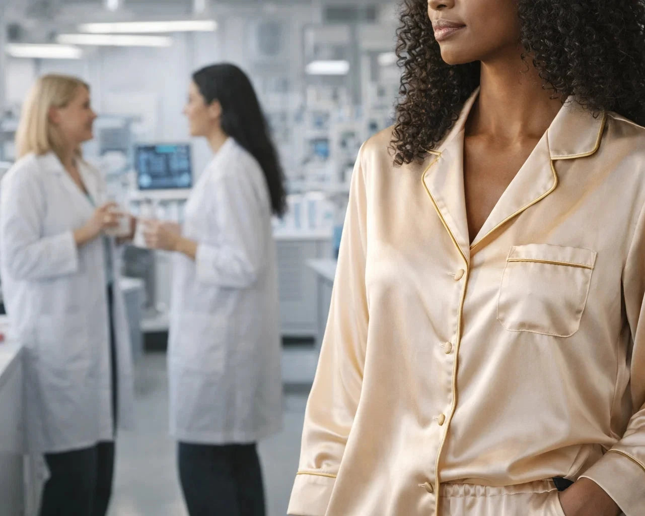Woman wearing science-backed sleepwear for perimenopause and menopause, with a research setting representing textile innovation for night sweats and temperature regulation.