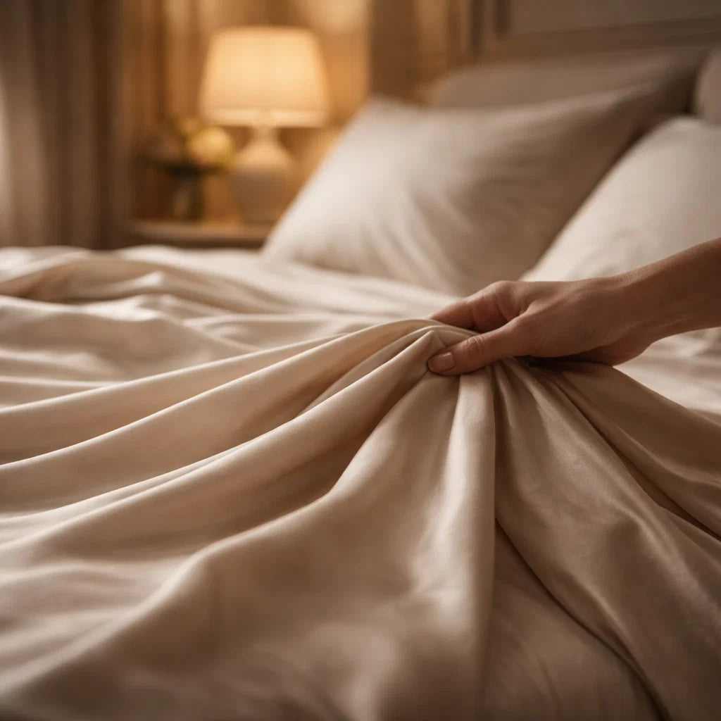 Close-up of soft sleepwear fabric on a bed, representing temperature-regulating menopause sleepwear for night sweats and skin comfort.